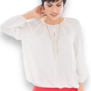 White Cut Out V Neck Long Sleeve Lightweight Timeless Blouse